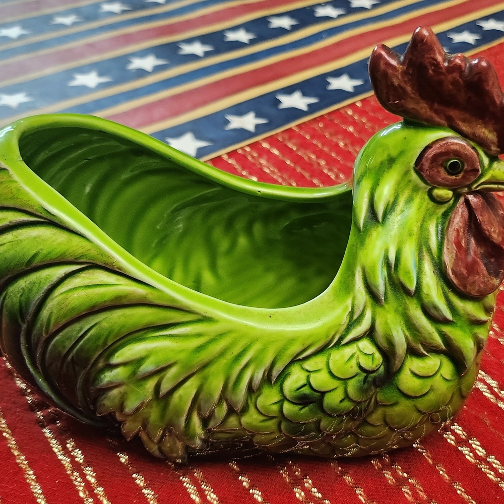 Green Ceramic Rooster Bird Feeder Or Decorations